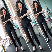 Professional suit womens summer short-sleeved suit temperament black beauty salon work clothes Womens suit summer thin section