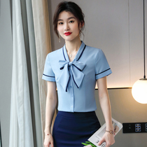 Blue Short Sleeve Tooling Shirt Woman Summer New Fashion Temperament Butterfly Knot Design Sense Work Suit Lining