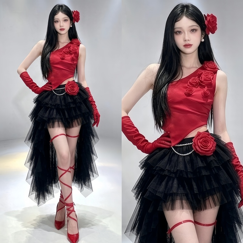K-Pop Stage Outfit Red Heavy-Duty Rose Top Black Mesh Cake Skirt Set Sweet and Spicy Stage Bar Performance Outfit