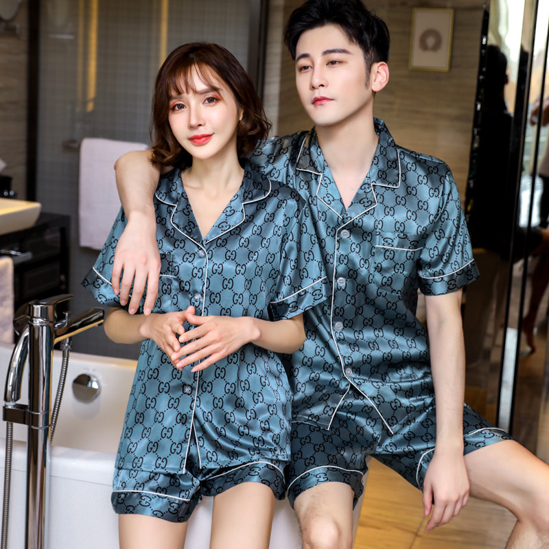 Lovers pyjamas 2022 new spring and autumn ice silk long sleeves Han version emulated silk brand men and women's home clothes two sets
