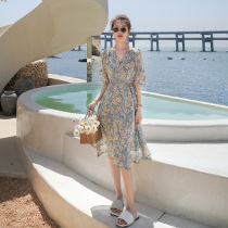 French V-neck floral chiffon dress womens summer 2022 new waist thin temperament gentle small long skirt