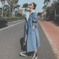 Fake two hooded windbreaker womens long style English 2021 new spring and autumn Korean version loose fashion overcoat