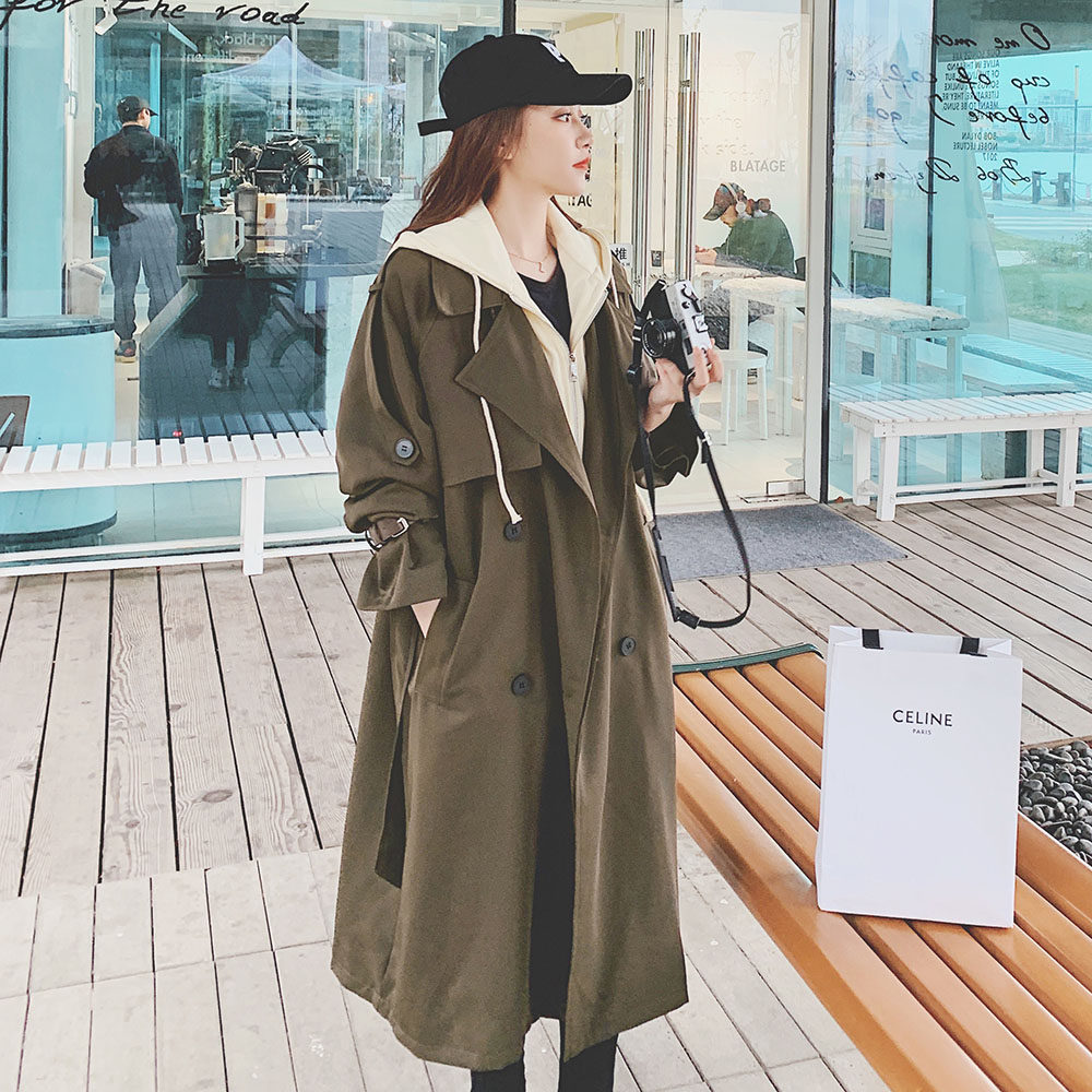 Military Green Lianhood Splicing Fake Two Wind Clothes Women Mid 2022 The new Spring and Autumn Han series chic tooling jacket