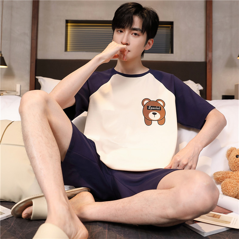 Teenage Boys' Summer Thin Short-Sleeved Pure Cotton Pajamas for Junior High School Students, Boys, and Older Children, Casual Home Wear Set