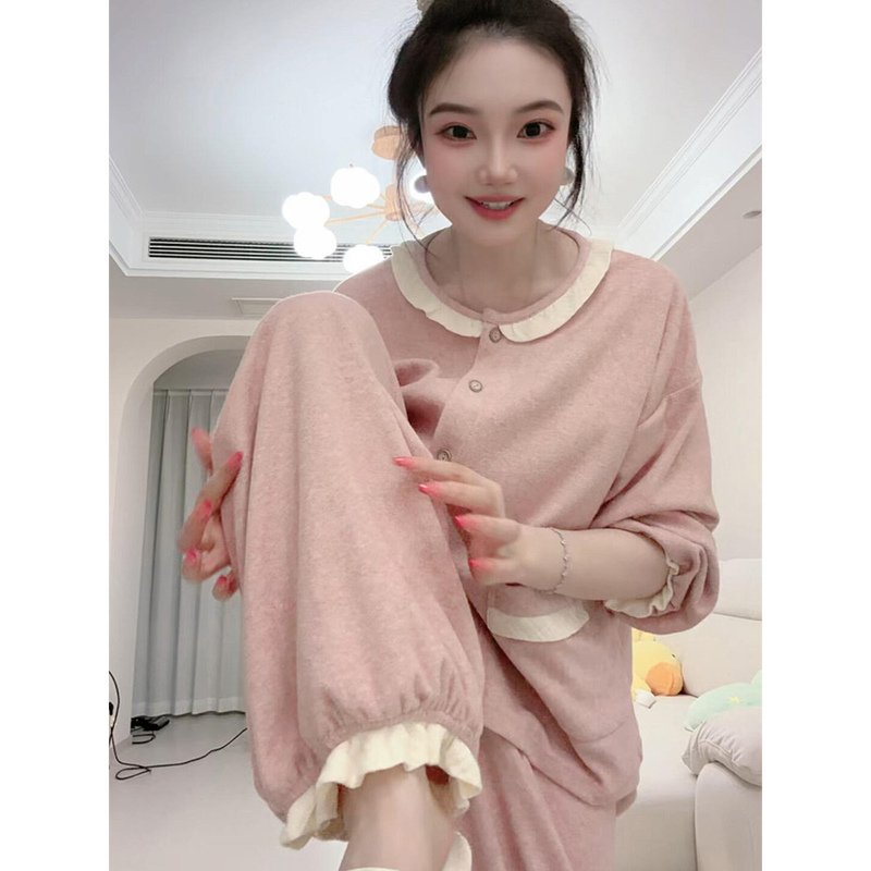 Purely Girly Pink Lotus Leaf Lace Long-Sleeved Pajamas with Breast Pads for Women, Autumn and Winter Cloud Cotton Long Pants Home Wear