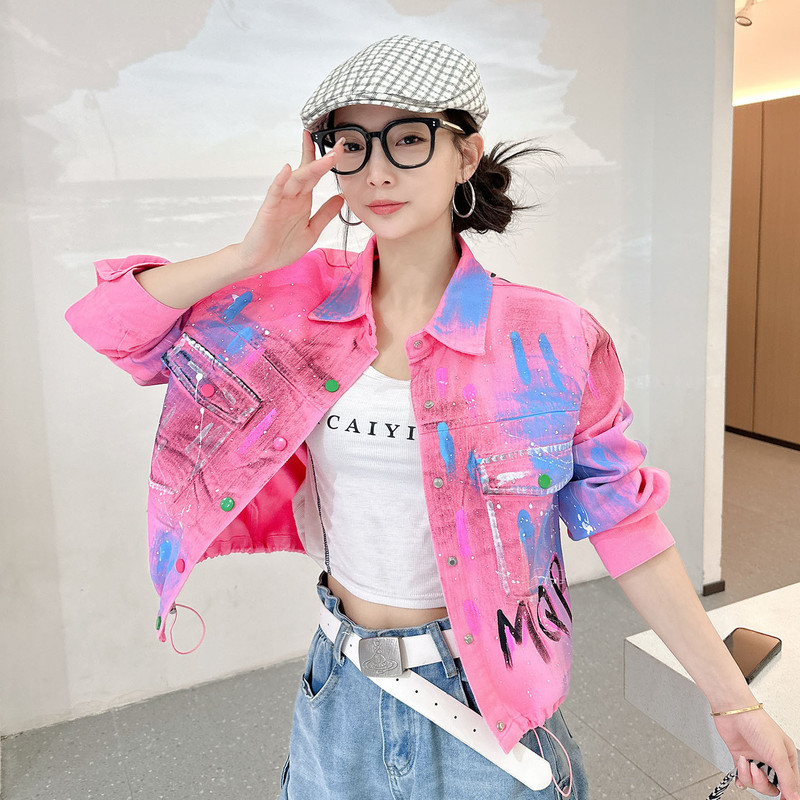Trendy Women's Clothing 2026 Spring New Style Rhinestone Denim Jacket Loose Stylish Hand-Painted Graffiti Hip-Hop Jacket Top