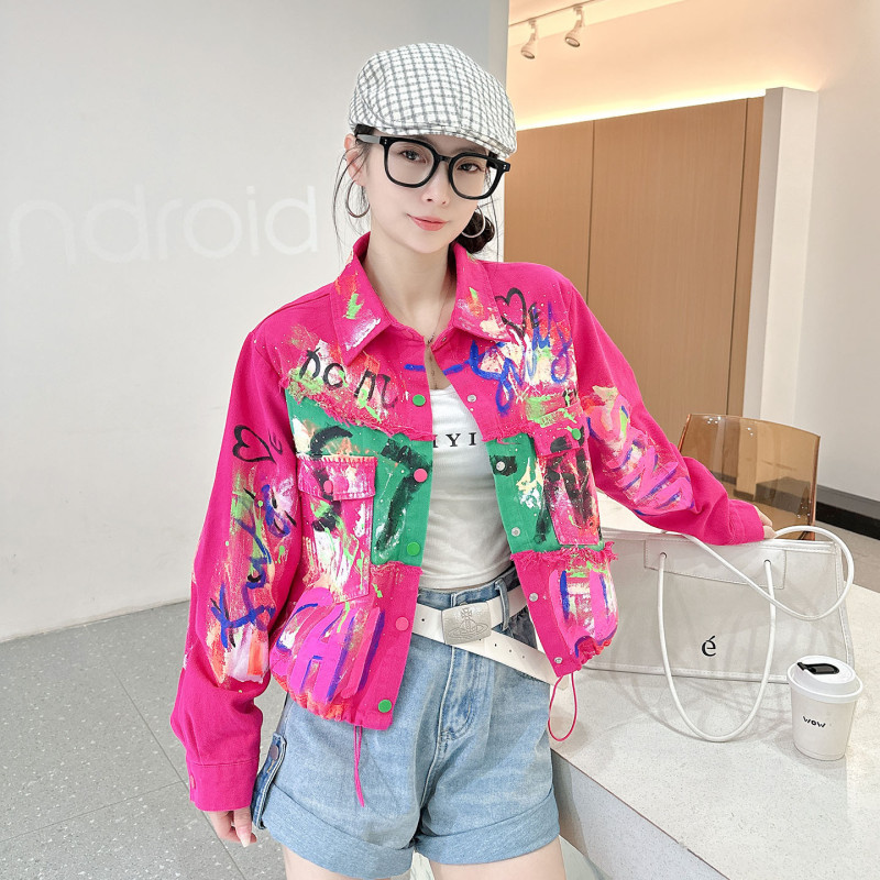 Heavy-Duty Graffiti Denim Jacket for Women, Short Style, Dopamine Outfit, Top with Unique Design, Niche Trendy Brand, Personalized Jacket