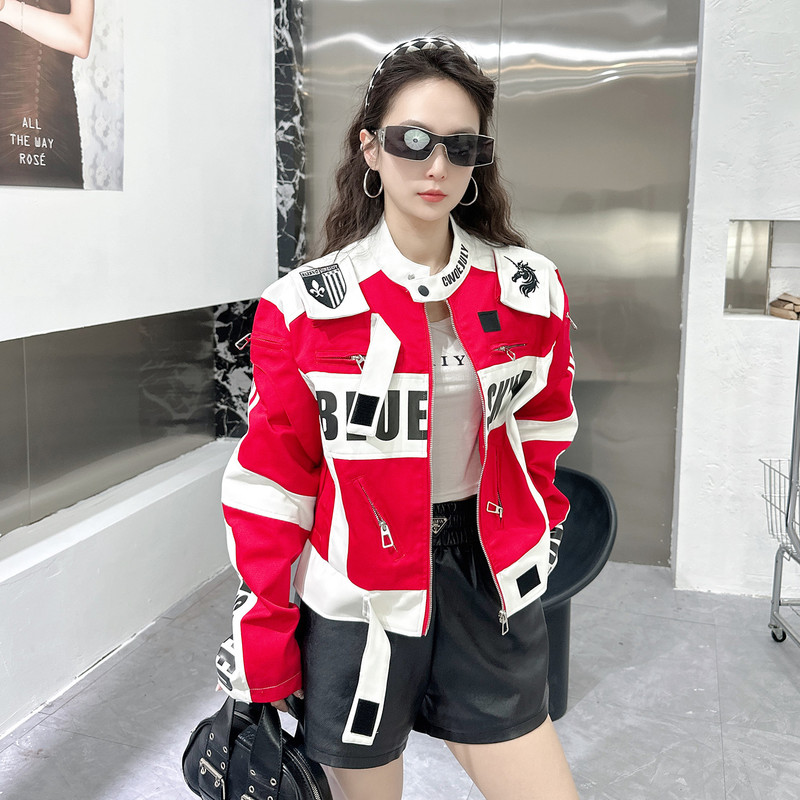 American Retro Motorcycle Jacket for Women, Short Workwear Style, Petite Cool Style, Spring Stand Collar Jacket, Heavy-Duty Baseball Jacket