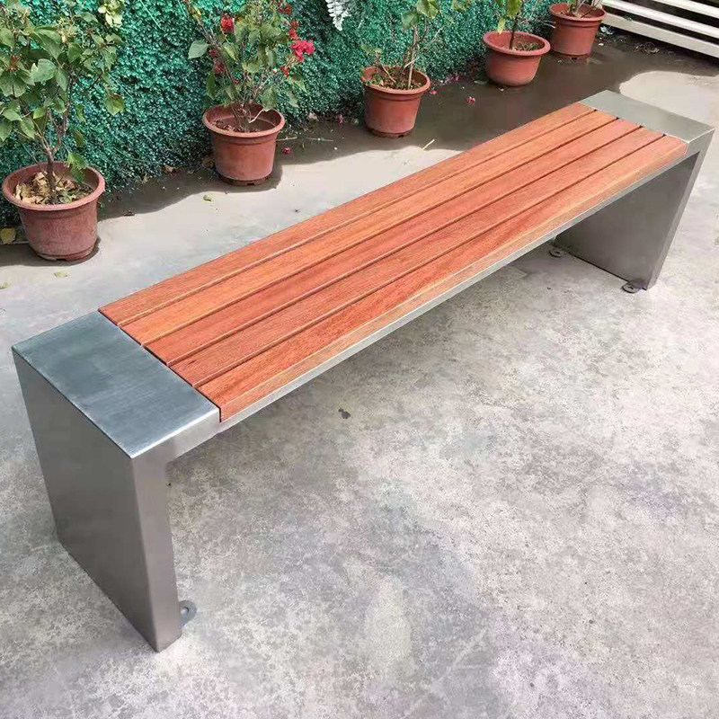 Stainless steel park chair outdoor leisure bench square landscape bench community outdoor high-grade seat solid wood bench