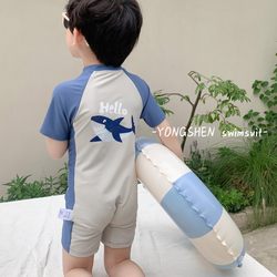 Children's one-piece short-sleeved swimsuit for boys in summer cute shark sunscreen quick-drying seaside vacation suit for children