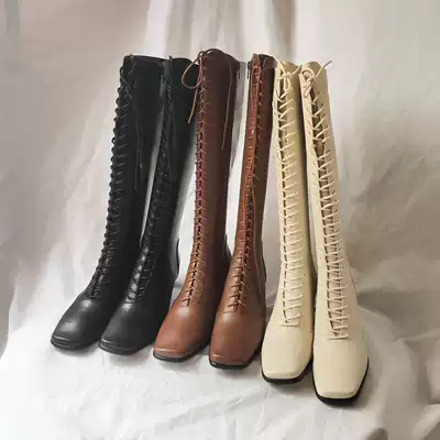2021 new British retro square head thick heel straps plus velvet long boots high heel riding boots high boots children