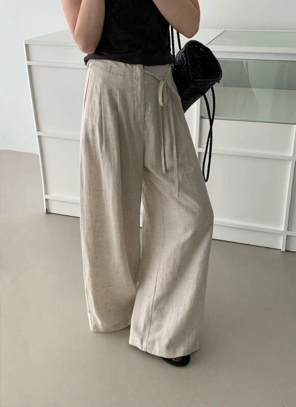 42-33039 Hemp-Style Waistband Tie Design Straight-Leg Pants O4