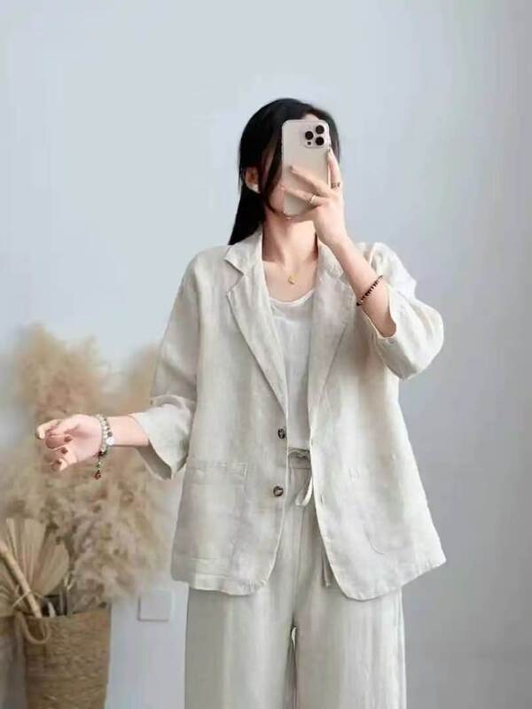 Q8632 Pure Linen Three-Quarter Sleeve Suit S12 Q8632 Pure Linen Three-Quarter Sleeve Suit S12
