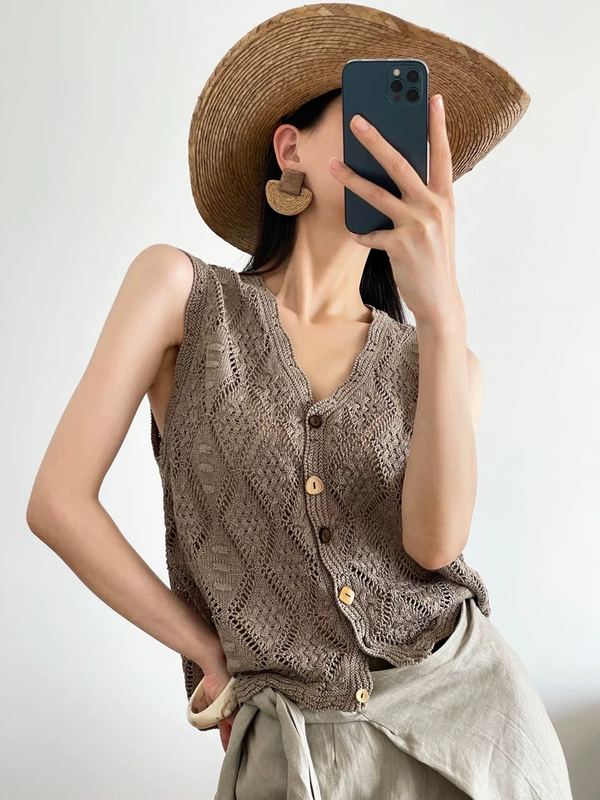 Cc0240 Dreamcatcher Linen and Paper Yarn Heavy Craft Hollow Out Cardigan Vest D3