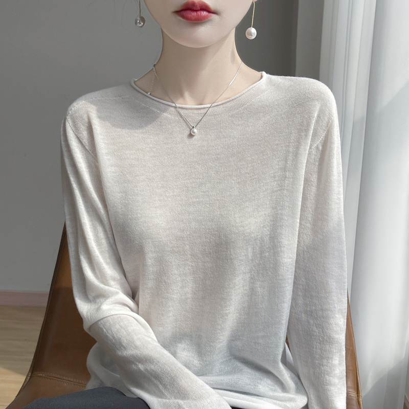 2026 Spring and Summer New Style Round Neck Rolled Edge Water-Soluble Wool Sweater for Women, Loose Thin Seamless Base Knit T-Shirt Cover-Up