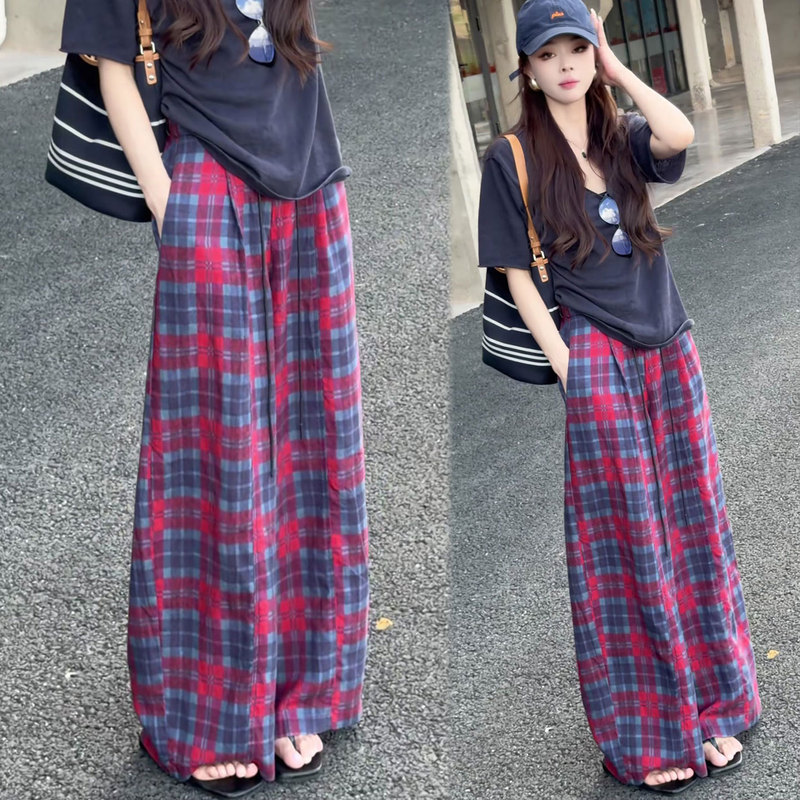 Vintage Red Plaid Drawstring Wide-Leg Pants for Women, Summer Thin Style, Drapey, Plus Size, Loose, Slimming, Lazy, Floor-Length Casual Trousers Vintage Red Plaid Drawstring Wide-Leg Pants for Women, Summer Thin Style, Drapey, Plus Size, Loose, Slimming, Lazy, Floor-Length Casual Trousers