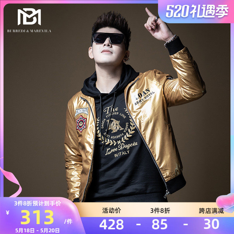 BM men clip cotton bright face jacket upright collar embroidery printed flying jacket male tide card retro European and American streets autumn and winter