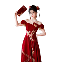 One-shoulder toast dress bride 2024 new high-end new Chinese style red wedding engagement dress skirt women high-end