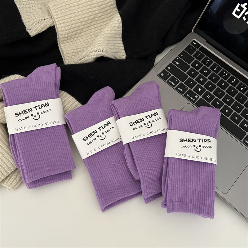 Purple Socks for Women, Trendy Mid-Calf Socks, Spring, Purple for the Year of Birth, Versatile Candy Colors, Internet Celebrity Super Popular Violet Long Socks