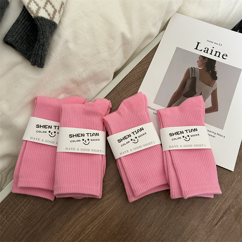 Pink Mid-Calf Socks for Women, Spring Cotton Socks, Colorful Modern Dance Socks, Rose Red Barbie Pink Mid-Length Socks, Barbie Pants