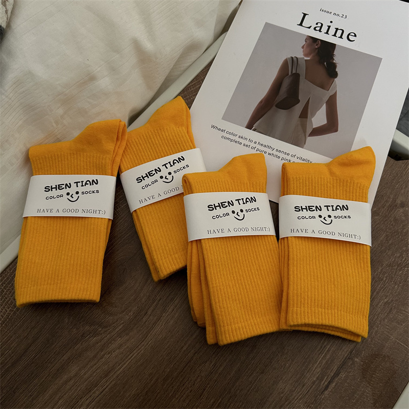 Golden Yellow Socks for Women, Modern Dance Socks, Spring and Autumn Dance Long Socks, Solid Color Cotton Socks, Candy-Colored Macaron Mid-Calf Socks