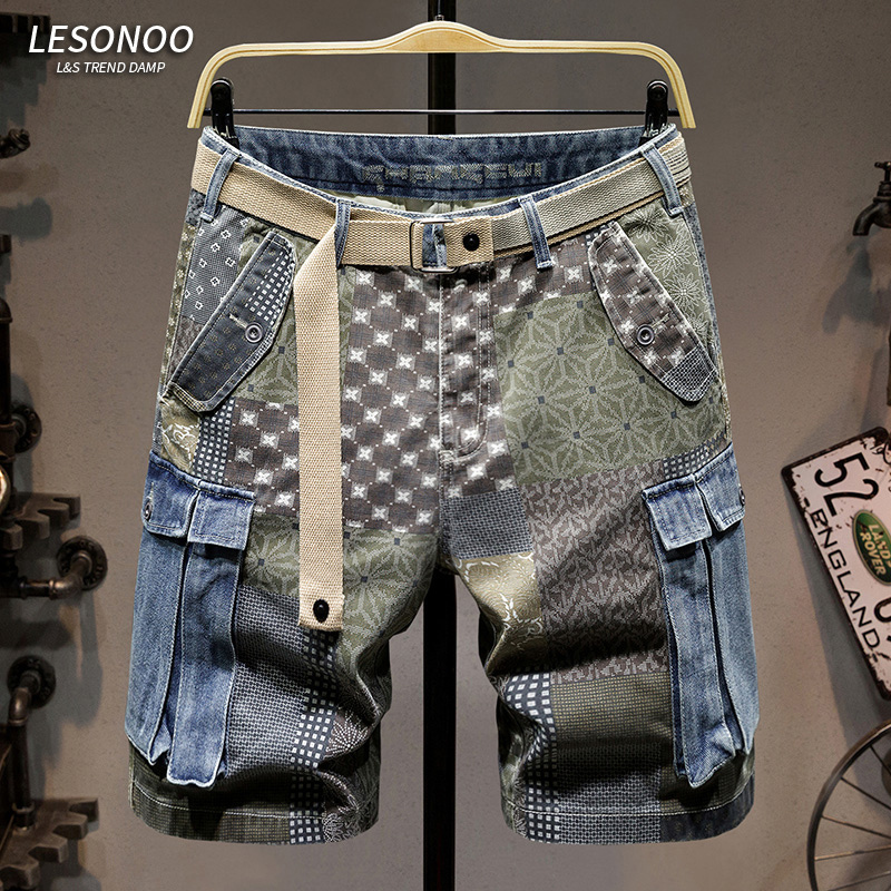 Hong Kong Style Denim Shorts for Men, Summer Loose Trendy Printed American-Style Multi-Pocket Workwear Casual Knee-Length Shorts for Men