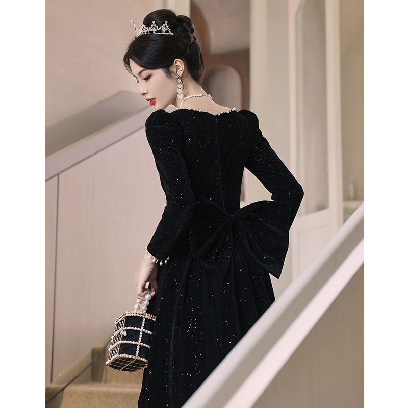Black Evening Dress with a High-End, Light Luxury, Niche, and Sophisticated French Style, Suitable for Annual Meetings, Hostess, Talent Show, Long-Sleeved, Coming-Of-Age Ceremony for Women