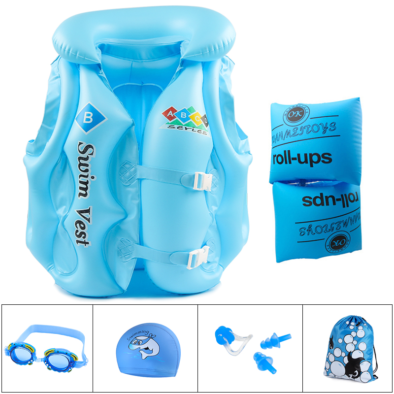 Blue 6-Piece Set (Vest + Goggles + Swimming Cap + Arm Ring + Nose Clip Earplug + Beach Bag)Xinhang   children life jacket   buoyancy inflation vest   child Swimsuit Drowning prevention Vest   Beginner Swimming equipment