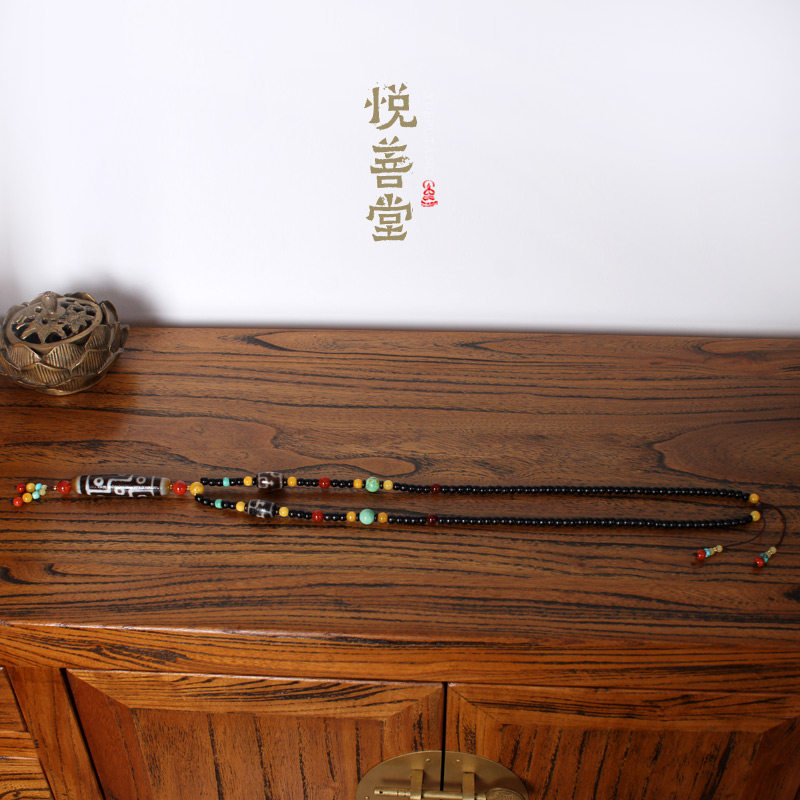 Original design Tibetan nine-eye old dzi bead sweater chain natural turquoise beeswax southern red necklace fashionable and versatile
