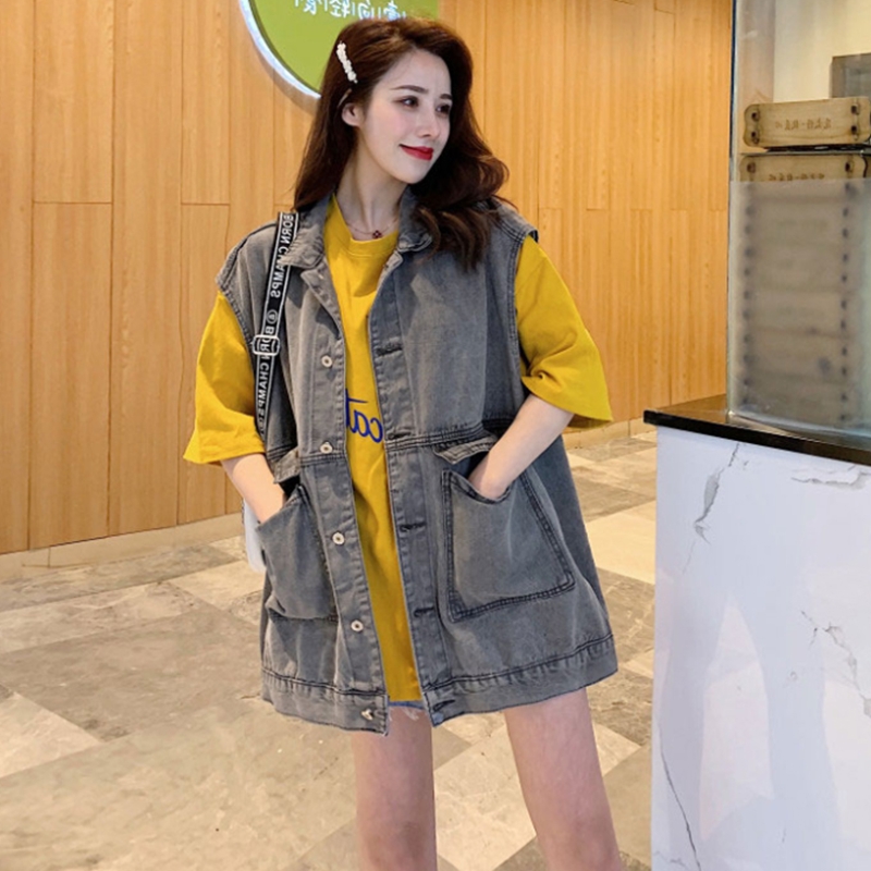 Denim nữ áo giáp mùa xuân và mùa thu lỏng Hàn Quốc phiên bản của sinh viên thiết lập bf hara-house gió bảo hộ lao động tay vai-to-vai triều ngựa kẹp áo khoác