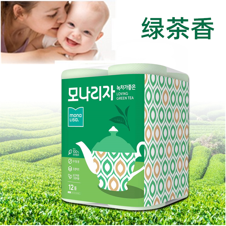 South Korea Imported Green Tea Perfume Dissolved Toilet Paper Rolls Paper 3 Layers Soft Printed Original Wood Pulp 12 Roll 30m with Core