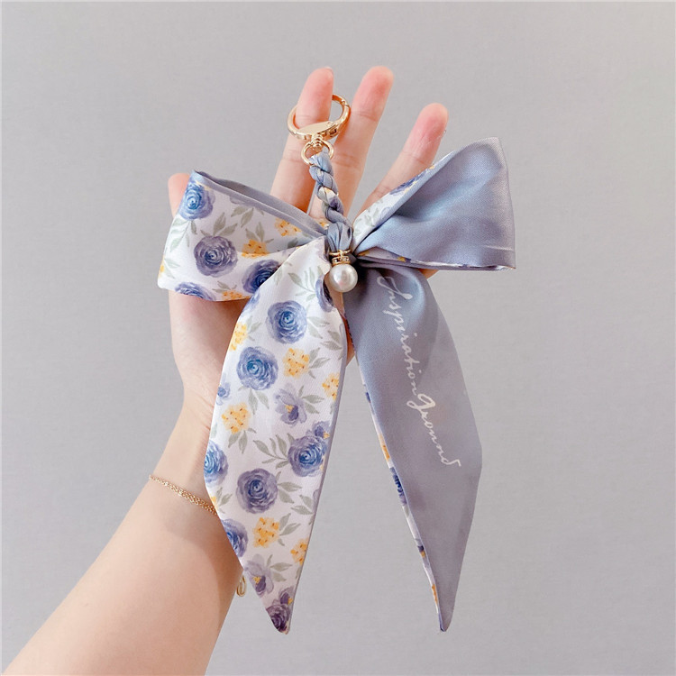 Internet-Famous Silk Scarf Bow Keychain Creative Pearl Ribbon Bow Car Key Ring Cute Bag Pendant for Women
