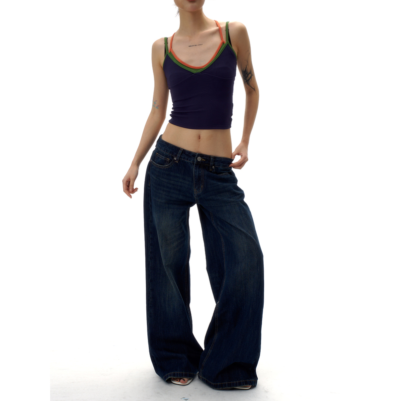 Agua Dark Blue Low-Waist Jeans for Women, American Style Loose Fit, Slimming, Retro, Lazy Style, Casual Wide-Leg Straight Pants