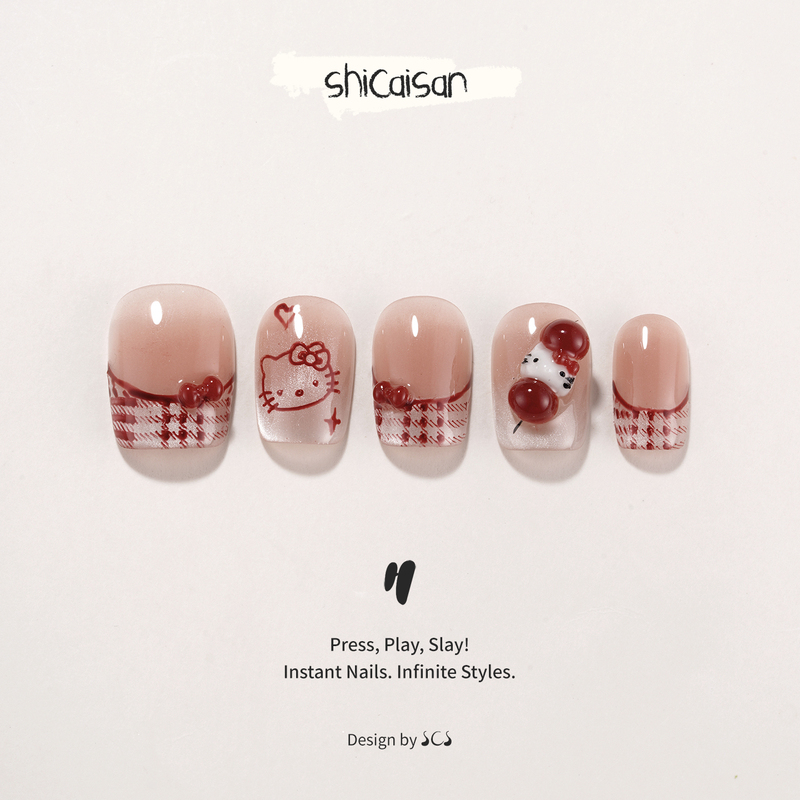Ten Colors Three【Rock Candy Kitty】Handmade Wearable Nails 2026 New Year Edition High-End Whitening Red Sugar Coated Nails