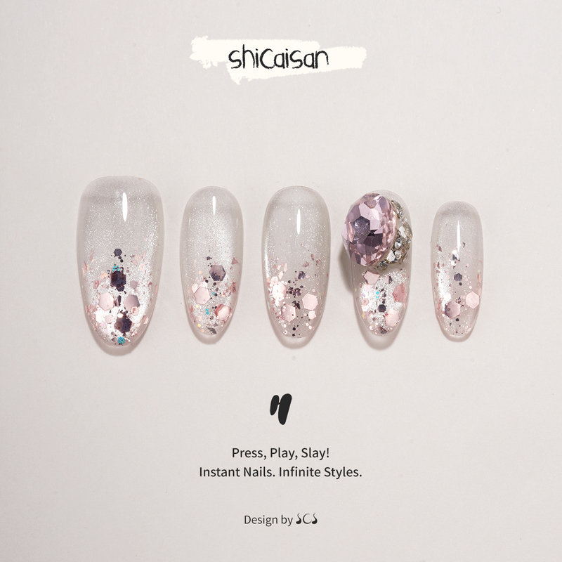 Ten Colors Three【Frost Falling Star Dust】Handmade Wearable Nails Medium Length 2026 Summer Ice Transparent Sparkling Purple Diamond Manicure