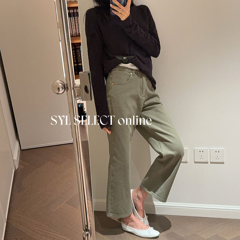 Syl/ Stylish and Neat, All-Season Style, Old Money Style, Textured Twill Cotton, Slimming Cropped Cigarette Pants, Straight-Leg Jeans