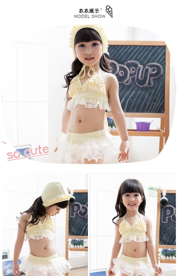 Bộ đồ bơi bikini cho bé gái Hàn Quốc chia tay cậu bé áo tắm hở lưng màu hồng sọc hồng ao boi tre em