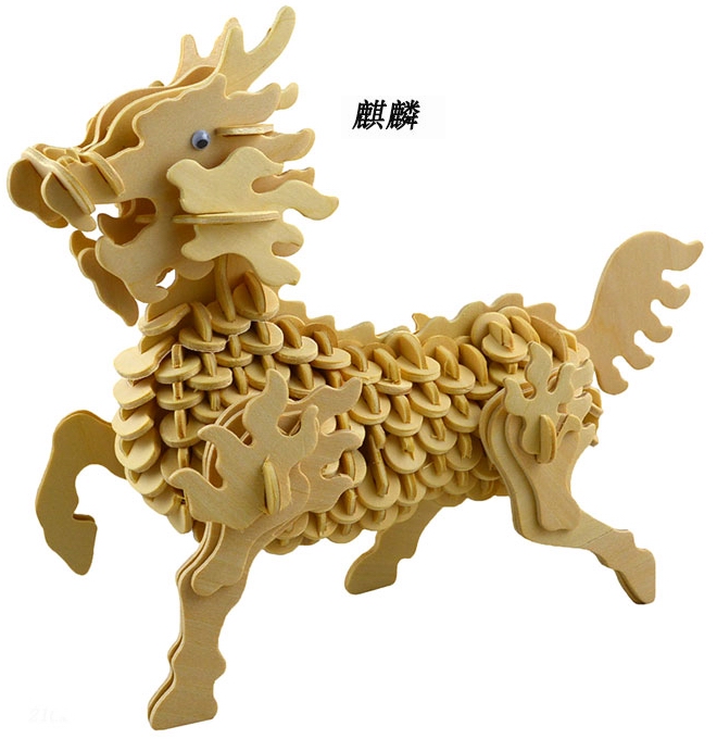 Four United 3D Solid Jigsaw Puzzle DIY Wooden Wooden Animal Puzzle Children Puzzle Handcrafted Static Model Kirin