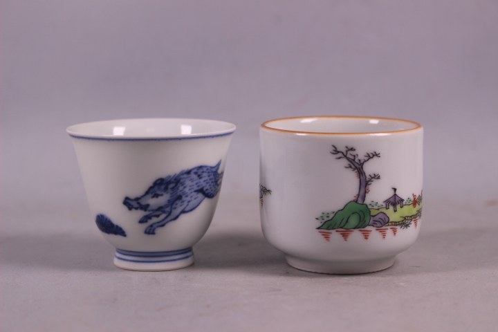 平安竹泉造 陶器 茶碗 青い花柄とカ 三浦竹泉老青花