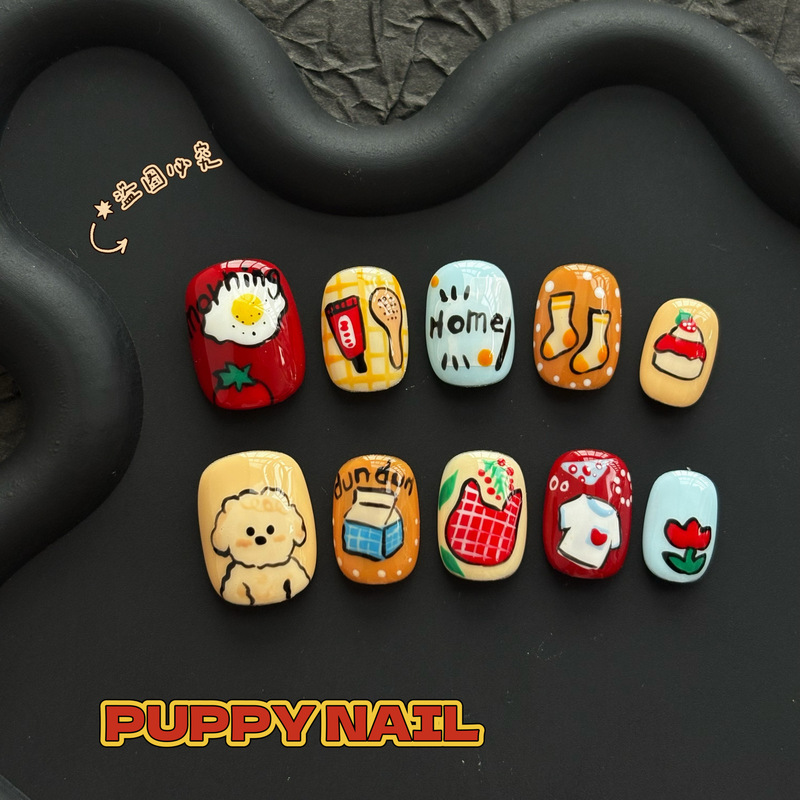 Puppy Fried Egg Puppy Hand-Painted Nail Art Two-Dimensional Comic Style Wearable Nails Red New Year Christmas Autumn and Winter