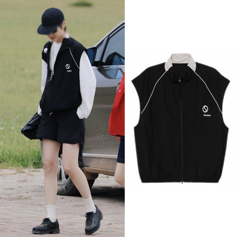Xiangye's Style, Li Yuchun's Same Letter-Printed Zip-Up Vest, Patchwork Sleeveless Vest for Women, Autumn Sleeveless Jacket