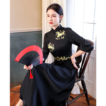 Black Cheongsam Modified Edition 2021 New Summer Vintage Slim Chinese Style Embroidery Women Dress High-end Atmosphere