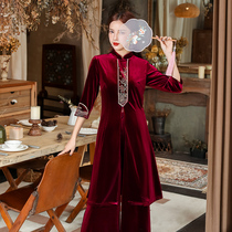 Wine red velvet cheongsam set two-piece fashion foreign style 2021 autumn and winter middle-aged female mother vintage womens
