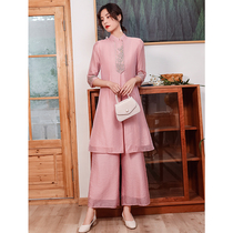 Chinese style womens suit two-piece set 2021 new cheongsam skirt foreign-style mother dress national style Tang costume retro