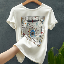 Heavy silk short sleeve women 20 new summer dress round neck printed mulberry silk stitching loose vest T-shirt top tide