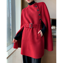 Small woolen coat cloak coat high-end double-sided cashmere coat womens side cardigan waist loose Woolen