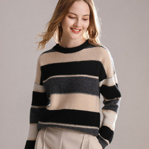 Autumn and winter New 100% pure cashmere knitwear round neck thick striped long sleeve sweater Jersey base shirt Women