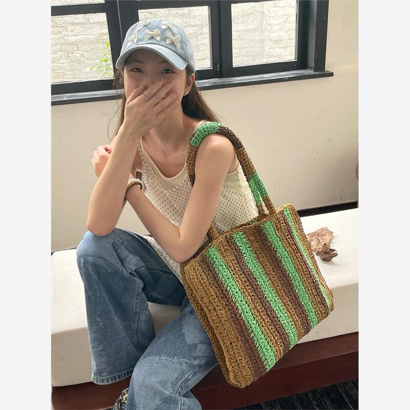 The Wizard of oz Woven Bag 2026 New Niche Retro Summer Straw Bag Striped Vacation Shoulder Bag Beach Bag