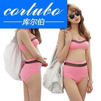 CORTUBO nữ phiên bản Hàn Quốc màu đen khâu xanh bikini cao eo chia dải thép hỗ trợ áo ngực nhỏ che bụng áo tắm - Bikinis áo tắm sexy