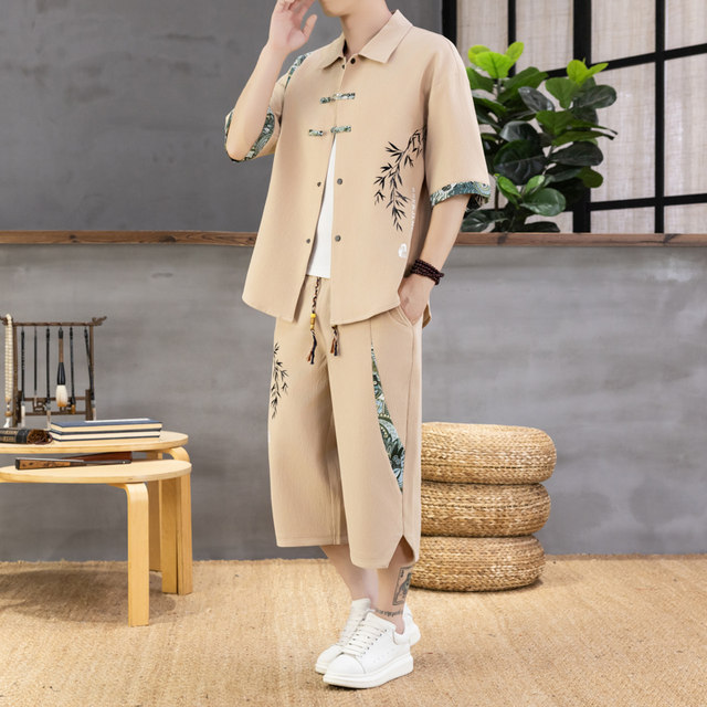 Summer New Large Size Casual Shirt Set for Men, Loose Short-Sleeved Three-Quarter Pants Set, Handsome Chinese Style Two-Piece Set